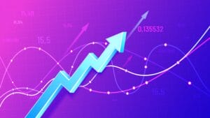 Growing Financial Schedule 3d Arrow. Profit Growth, Rising Chart And Finance Business Statistic Vector Illustration. Successful Business Development, Income Increase. Positive Stock Market Trend