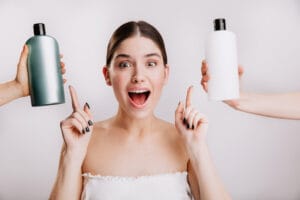 Closeup Portrait Joyful Girl Posing Without Makeup White Wall Woman Chose Which Shampoo Is Best Use