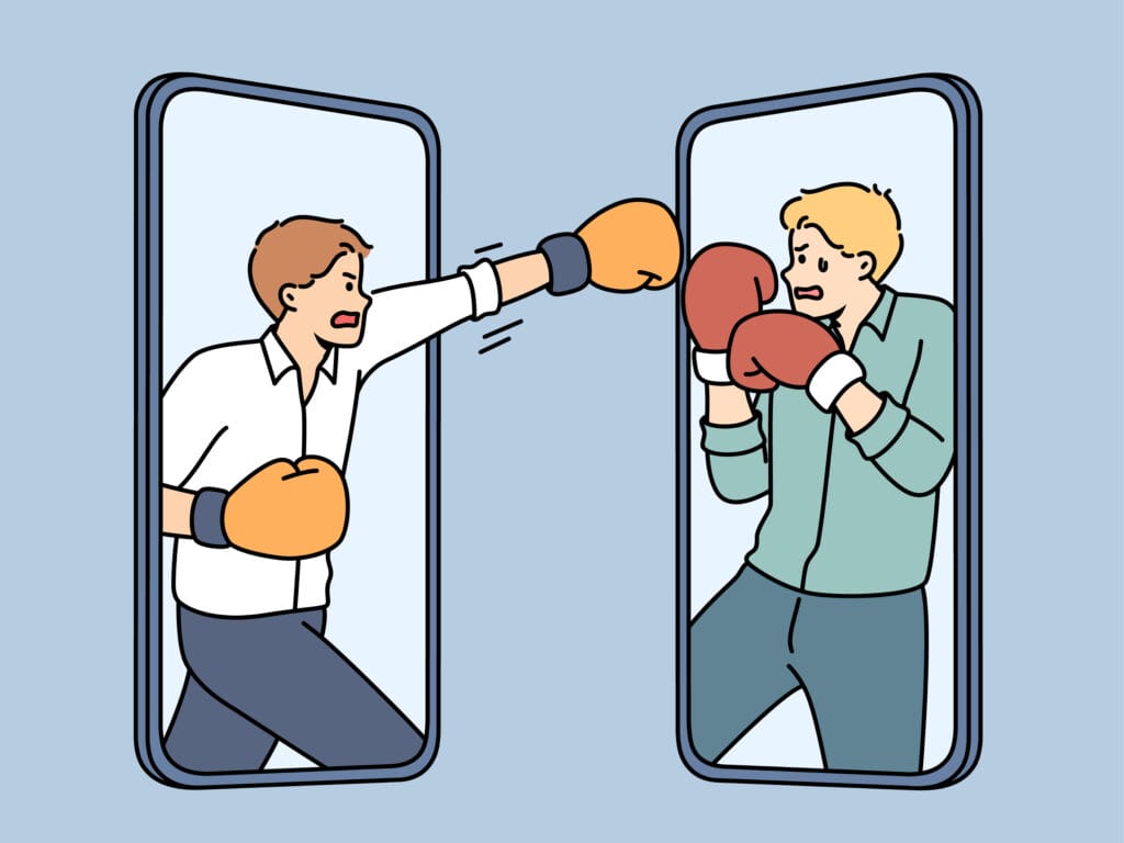 Furious Businessmen On Mobile Screens Fighting